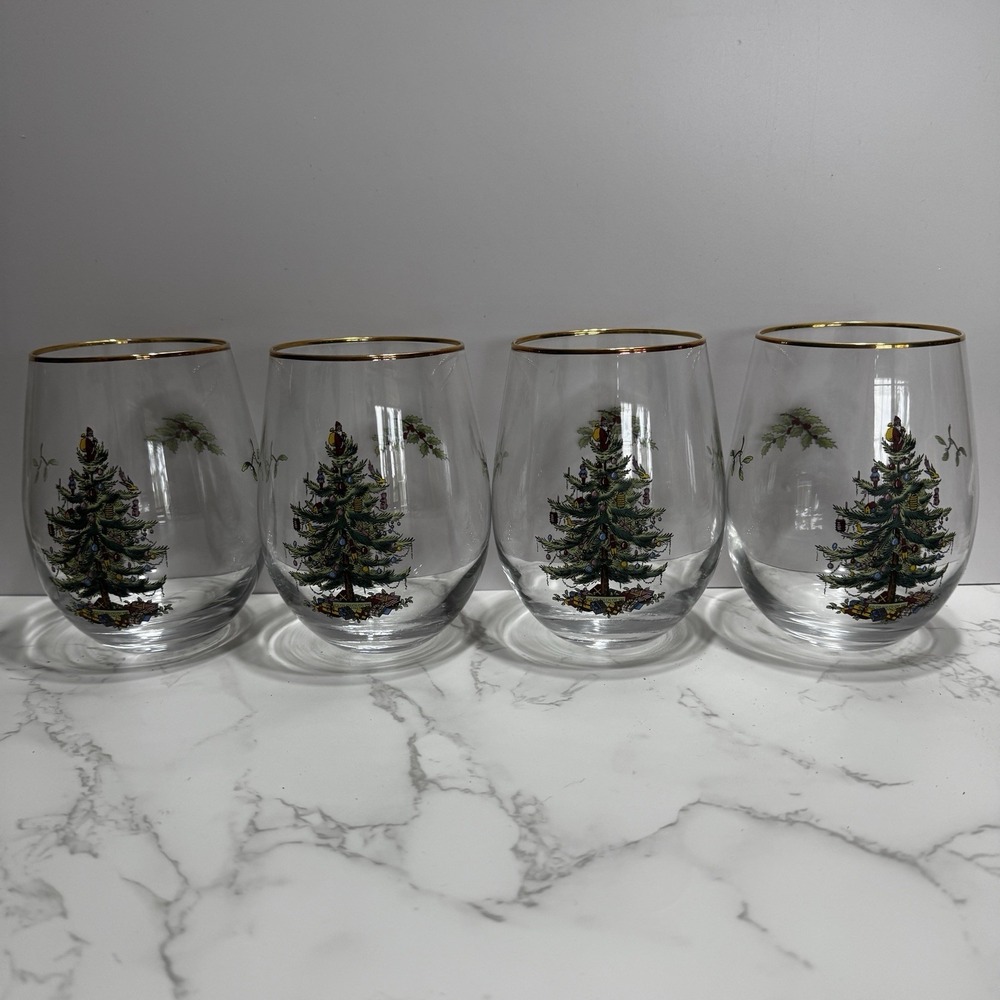 Spode Christmas Tree Stemless Wine Glasses Gold Trim Rim, 19 Oz - Set of 4